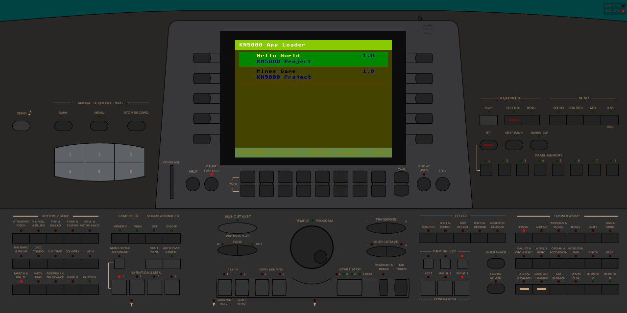 App Loader menu showing Hello World and Mines Game