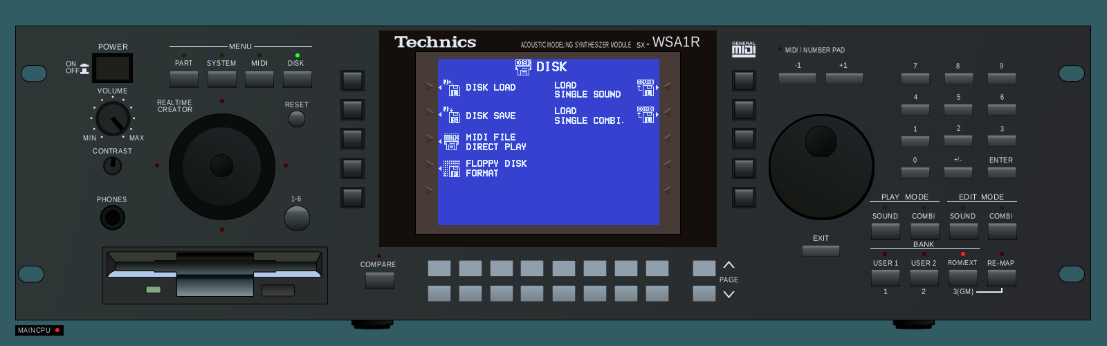 The emulated SX-WSA1R with the DISK menu open and the DISK lamp lit